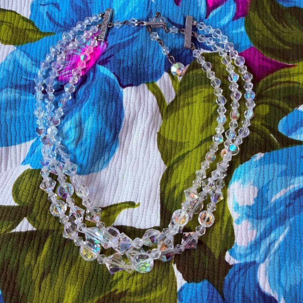Vintage 1950s-1960s 3-tier Aurora Borealis (AB) glass bead necklace in perfect c